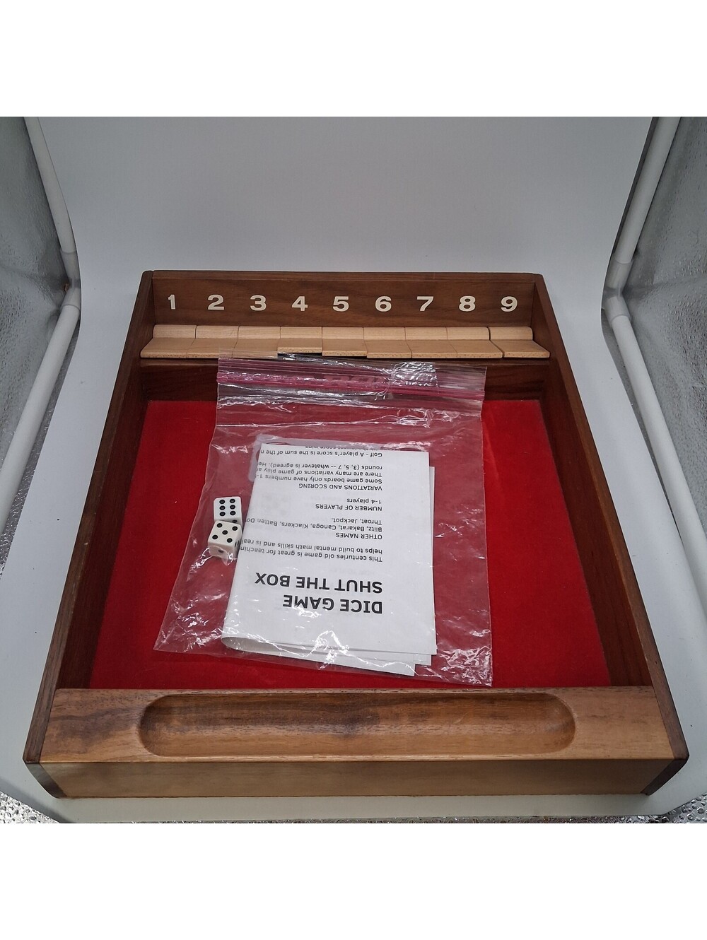Wooden Shut The Box Dice Game 1-9 Number Tiles Red Felt Pub Tabletop Complete